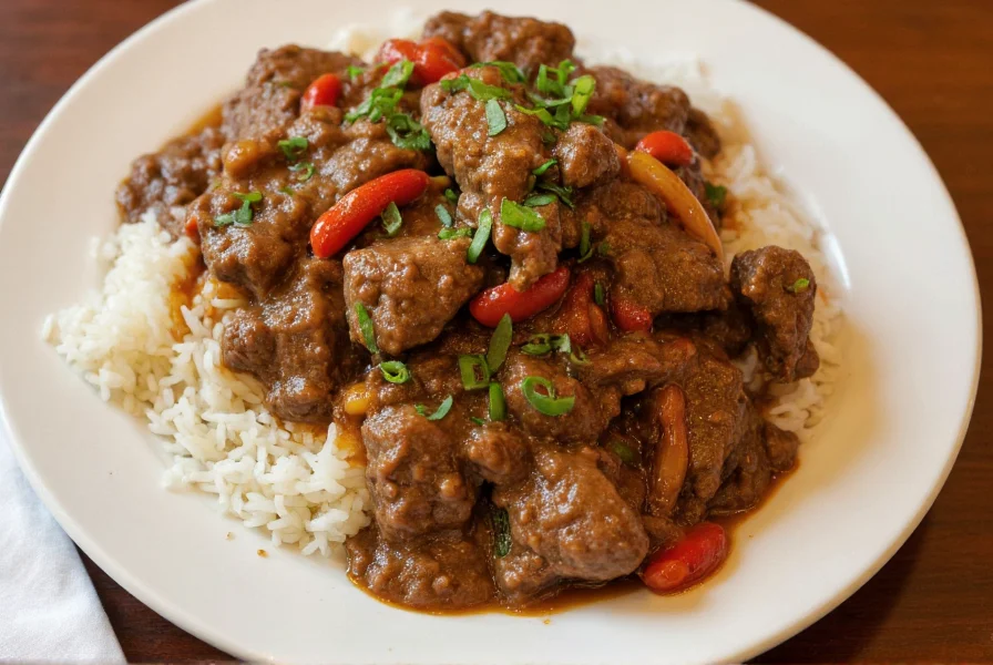 Perfectly cooked pepper steak with rich brown gravy served over steamed rice