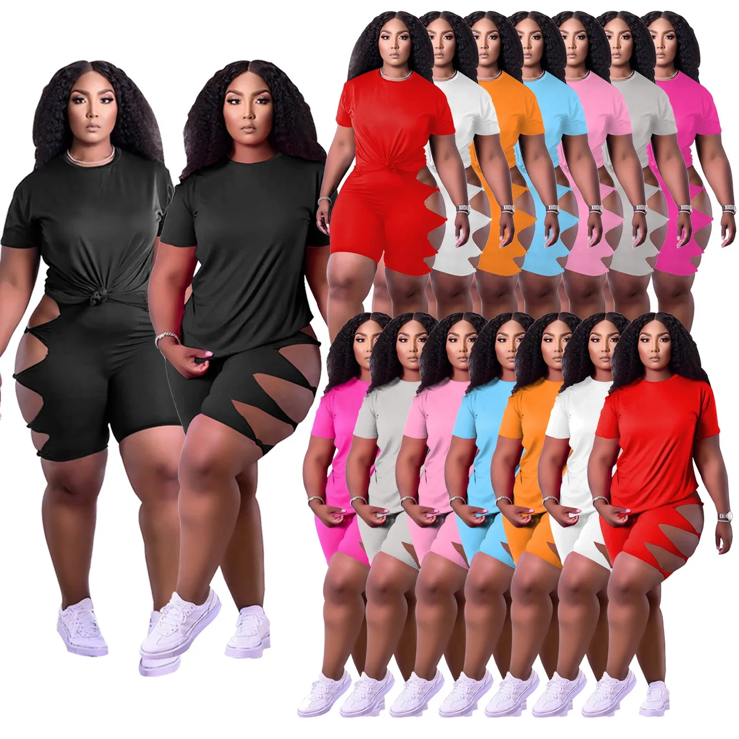 

2022 Wholesale Summer Plus Size Women Cloth Crew Neck Short Sleeve Plain T Shirt and Shorts Set Hollow Out Two Piece Short Set