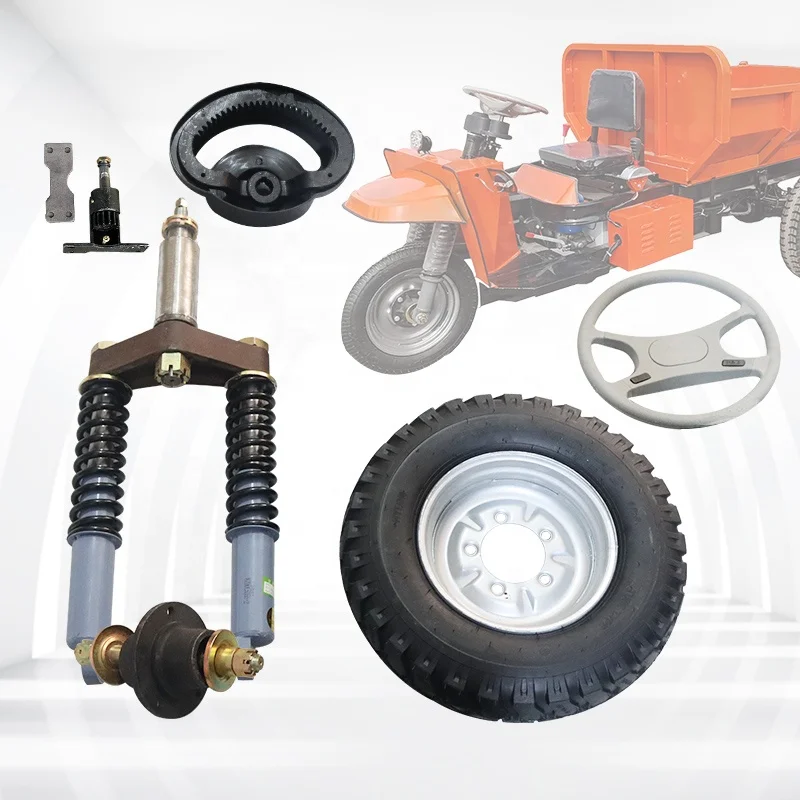 

The modified tricycle front wheel steering assembly includes a heavy-duty shock absorber steering wheel front fork assembly