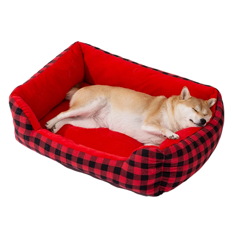 

Christmas Buffalo Plaid Luxury Pet Cushion Deep Sleeping Winter Warm Soft Dog Nest Orthapedic Non-slip Bottom Plush Dog Bed