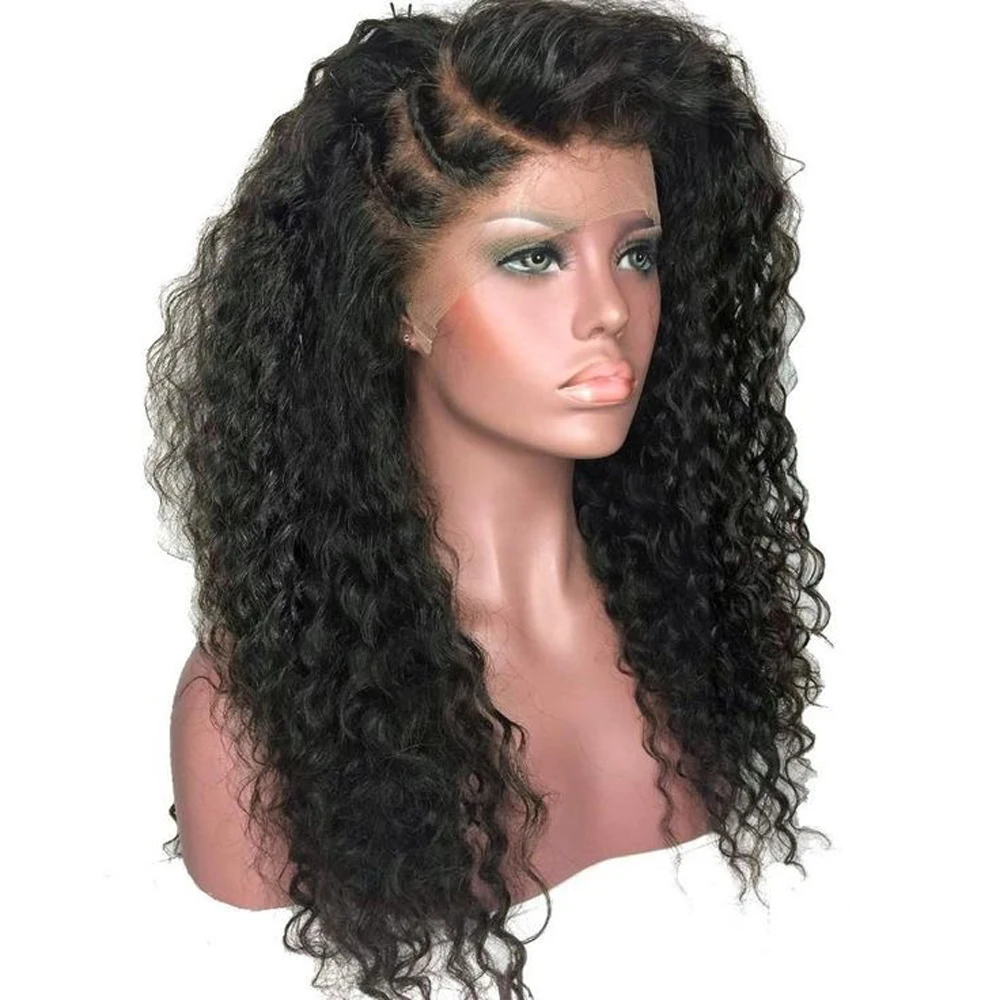

Black jerry Curly Synthetic Lace Front Wig Heat Resistant Half Hand Tied Front Free Style Wigs With Baby Hair For Women