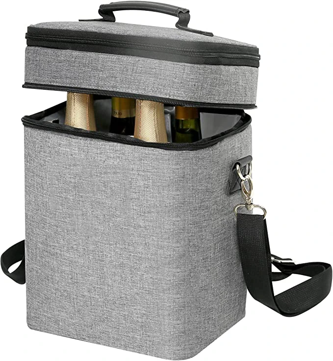 

2020 Ready Shipment Insulated 4 Bottle Wine Carrier Travel Tote Wine Cooler Bag, Grey