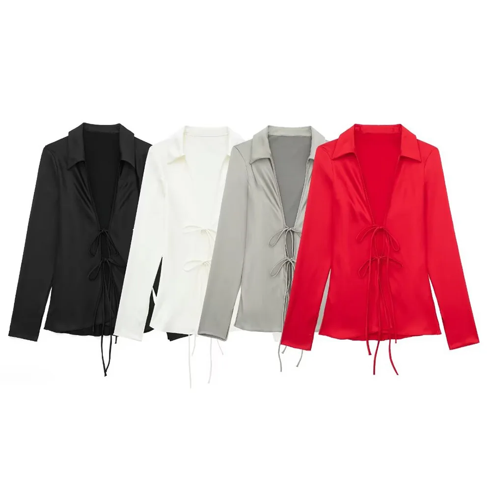 ZATRHMBM Women's 2024 New Fashion Bow Decorated Silk Satin Textured Shirt Retro Elegant Lapel Long Sleeve Top