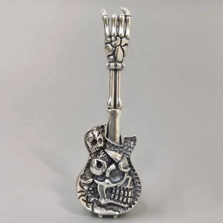 

custom fashion jewelry silver pendant silver 925 sterling silver charms mens hiphop bone guitar skull party custom pendant, White gold (rose gold, yellow are avaliable)