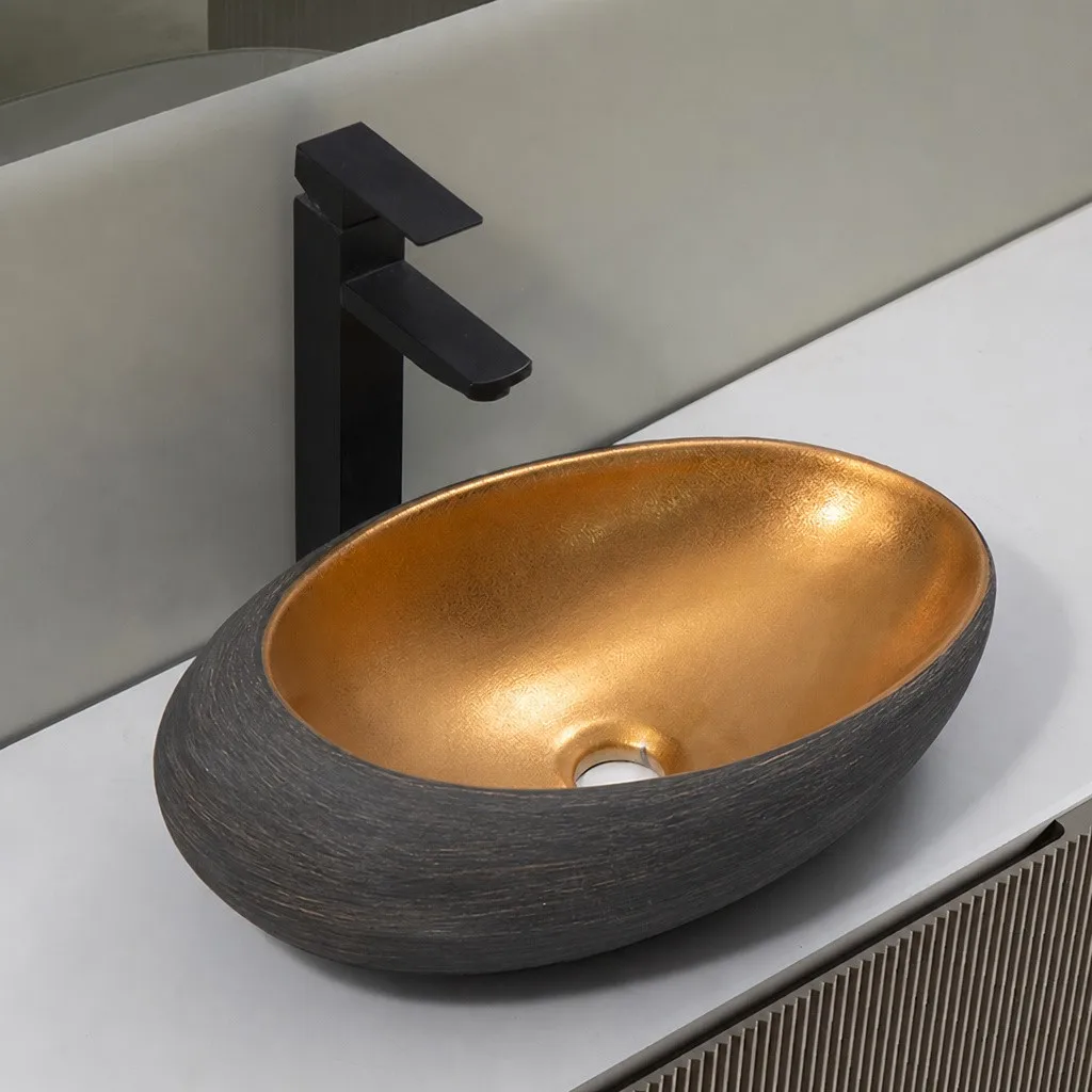 electroplated-hand-wash-basin-9042A-E-549-luxury-inclined-pebble-vessel-basin-matte-pvd-gold-interior-charcoal-basalt-flank-matte-black-faucet electroplated-hand-wash-basin-9042A-E-549-luxury-inclined-pebble-vessel-basin-matte-pvd-gold-interior-charcoal-basalt-flank-matte-black-faucet