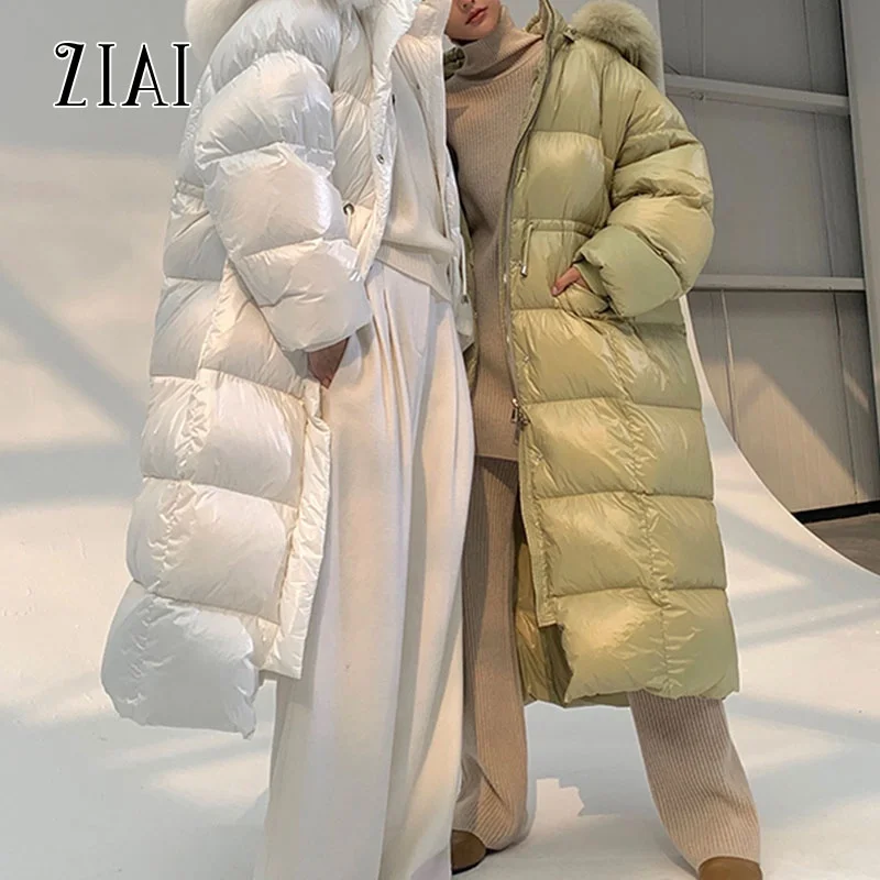 Wholesale Winter 90 White Duck Down Big fox Fur Collar Waist Tie Down Coat Women Winter Long Coat