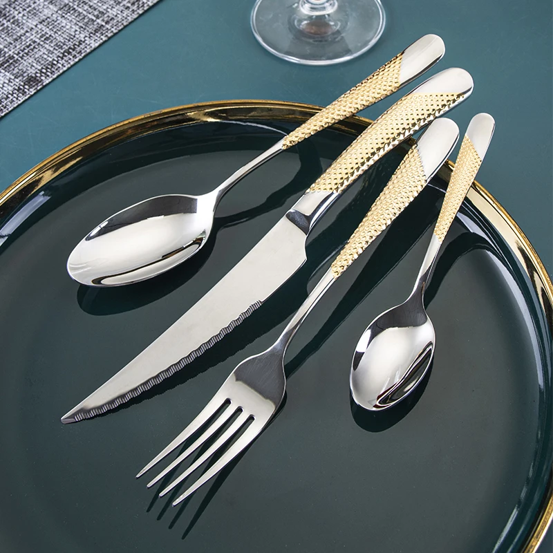 

Luxury hammered cutlery Knife Spoon Fork 304 stainless steel Cutlery set mirror polished embossed gold handle