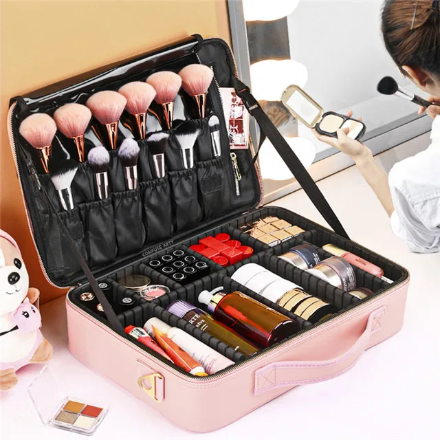 

3 layers waterproof makeup bag travel cosmetic case supplier brush holder with adjustable divider-soft cosmetic case, Customized