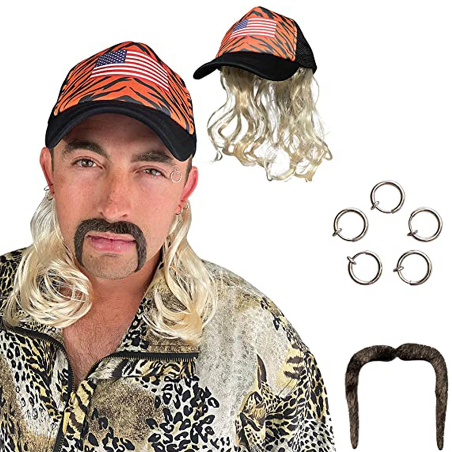 

Baseball Wig Role Play Tiger King Clip Earrings Beard Wig Set Wig For Men, Gold