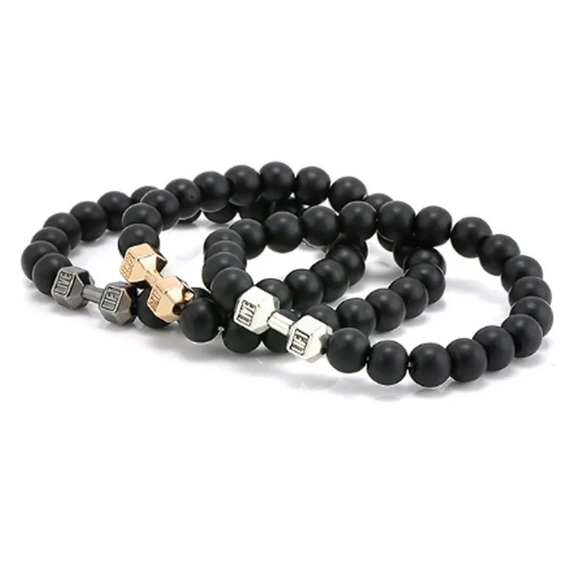 

Natural Black Volcanic Lava Stone Dumbbell Bracelet Black Matte Beads Bracelets Fitness Barbell Jewelry