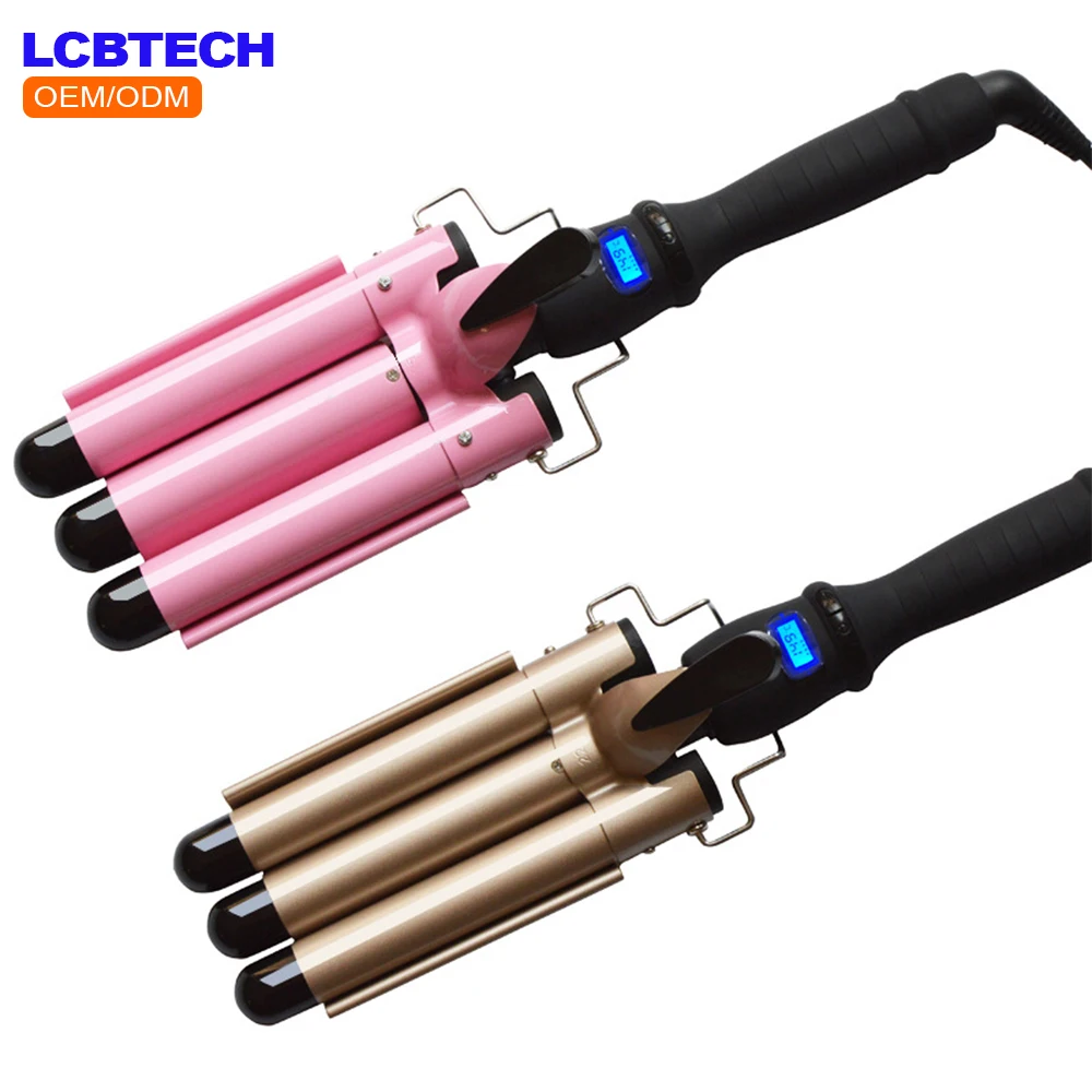 

Hair Three Barrel Curling Iron Wand with LCD Temperature Display - 1 Inch Ceramic Tourmaline Triple Barrels, Dual Voltage Crimp, Black/pink/gold other customized
