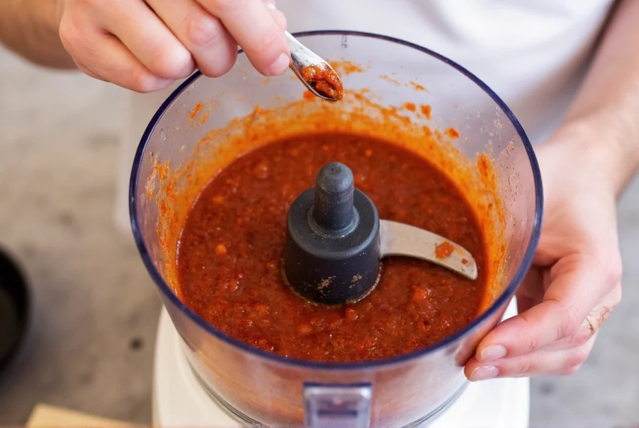 Chef preparing chipotle sauce by blending rehydrated chipotle peppers with garlic and spices in food processor