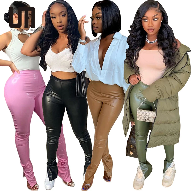 

Factory Cheap 2021 Women Faux PU Leather Black Skinny Party Wear Stacked Pants, Customized color