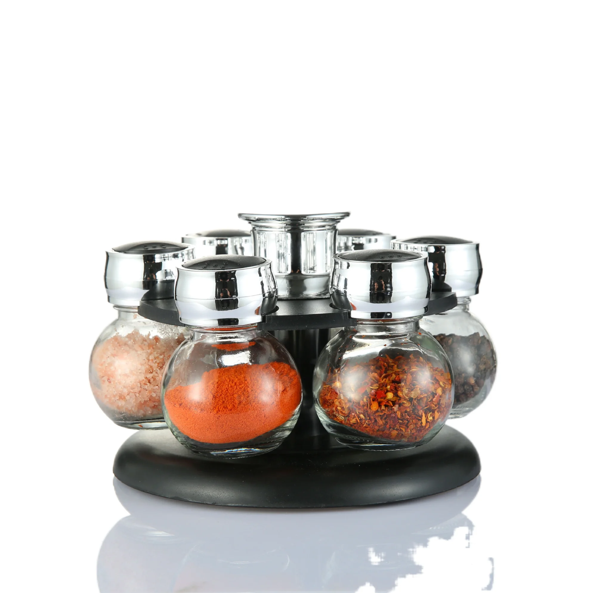 

CL017 Rotating Spice Jars Rack Stainless Steel Glass Seasoning Condiment Cans Set Kitchen Spice Salt Pepper Shaker, Black