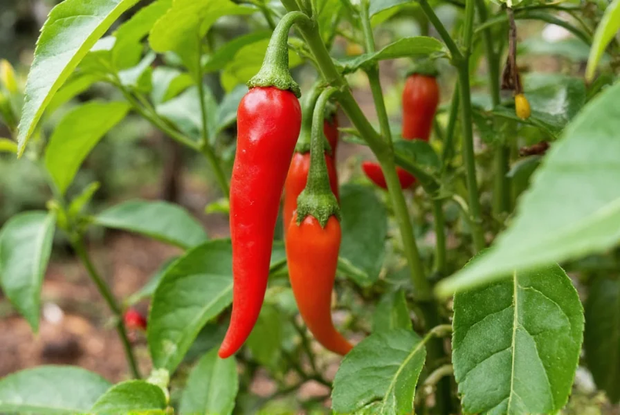 Jimmy Nardello's pepper plant showing long, tapered red peppers growing on vine