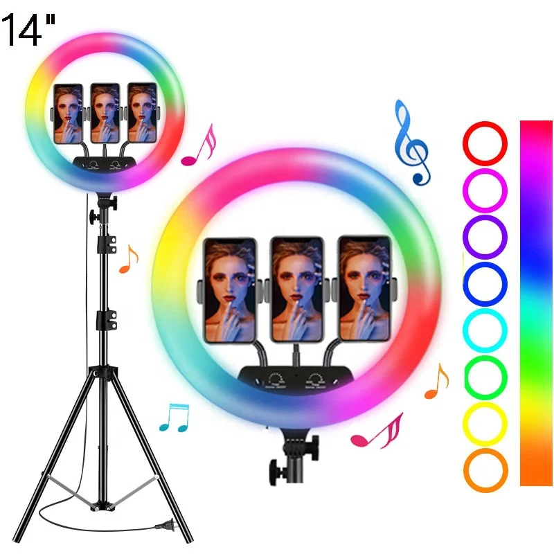 

High quality circular RGB 14 inch 36cm Music sound control led ring video fill light with 2m tripod stand For Makeup Photography