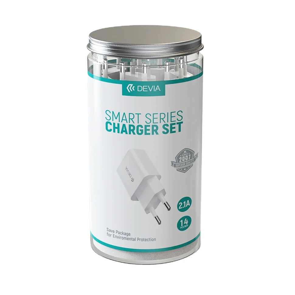 

Devia 5V 2.1A EU Type 14pcs in 1 pot Cellphone usb charger adapter Set cargadores portatiles cargador, White