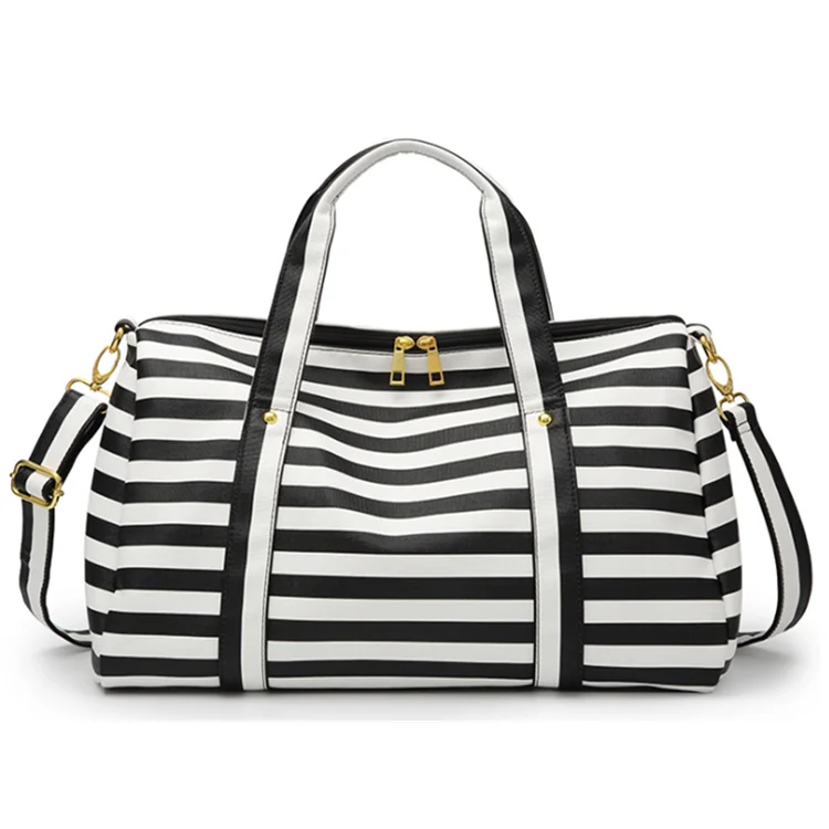 

Large Capacity Stripe Waterproof Fashion Women Ladies Weekend Luggage Duffle Tote Shoulder Travel Bag, Black stripe, blue stripe, zigzag stripe