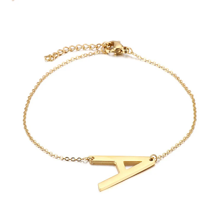 
simple stainless steel plain 26 capital initial letter gold plated charm bracelet for girls 