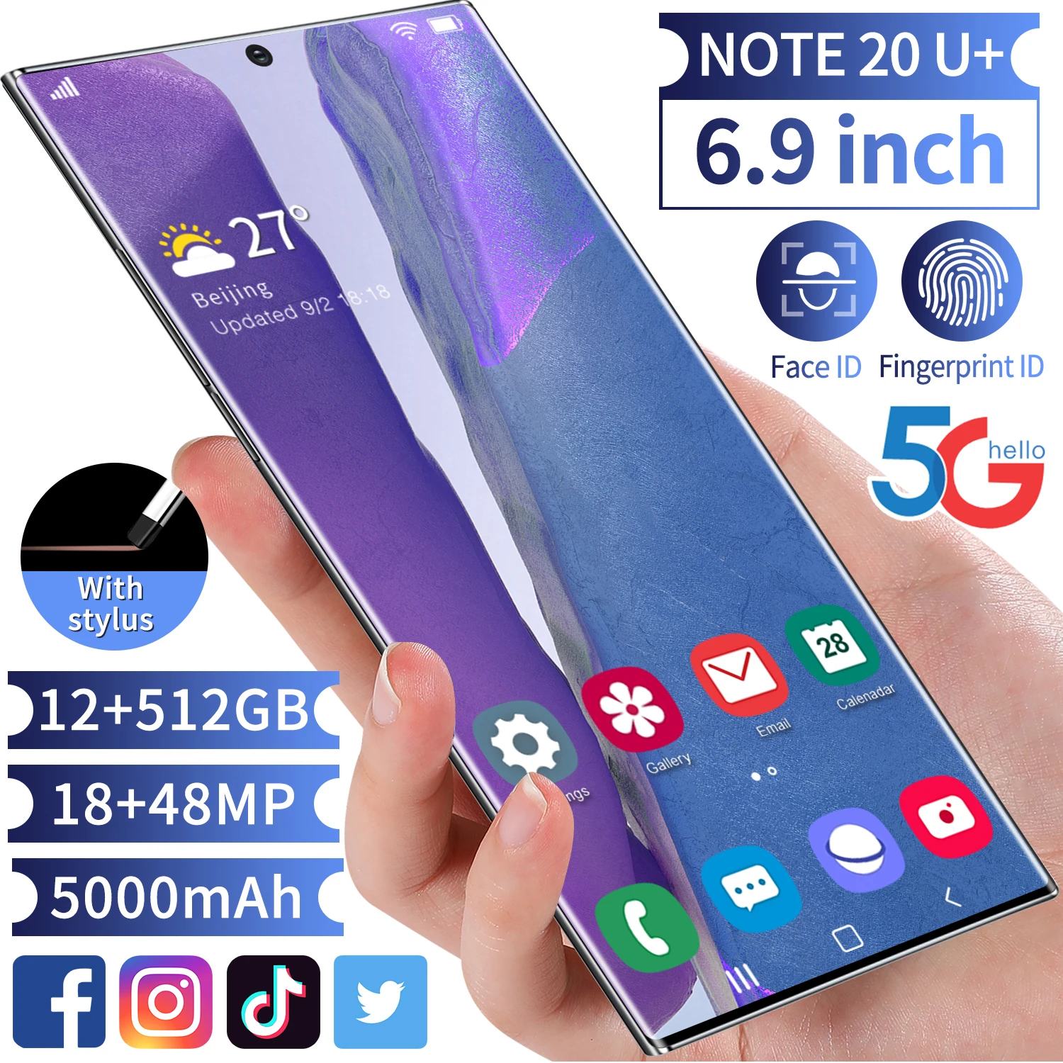 

2021 Wholesale Smartphone 6.9Inch AMOLED Screen Note 20U+ Android 10.0 Telephone 12GB+512GB Smartphone With Face Unlock