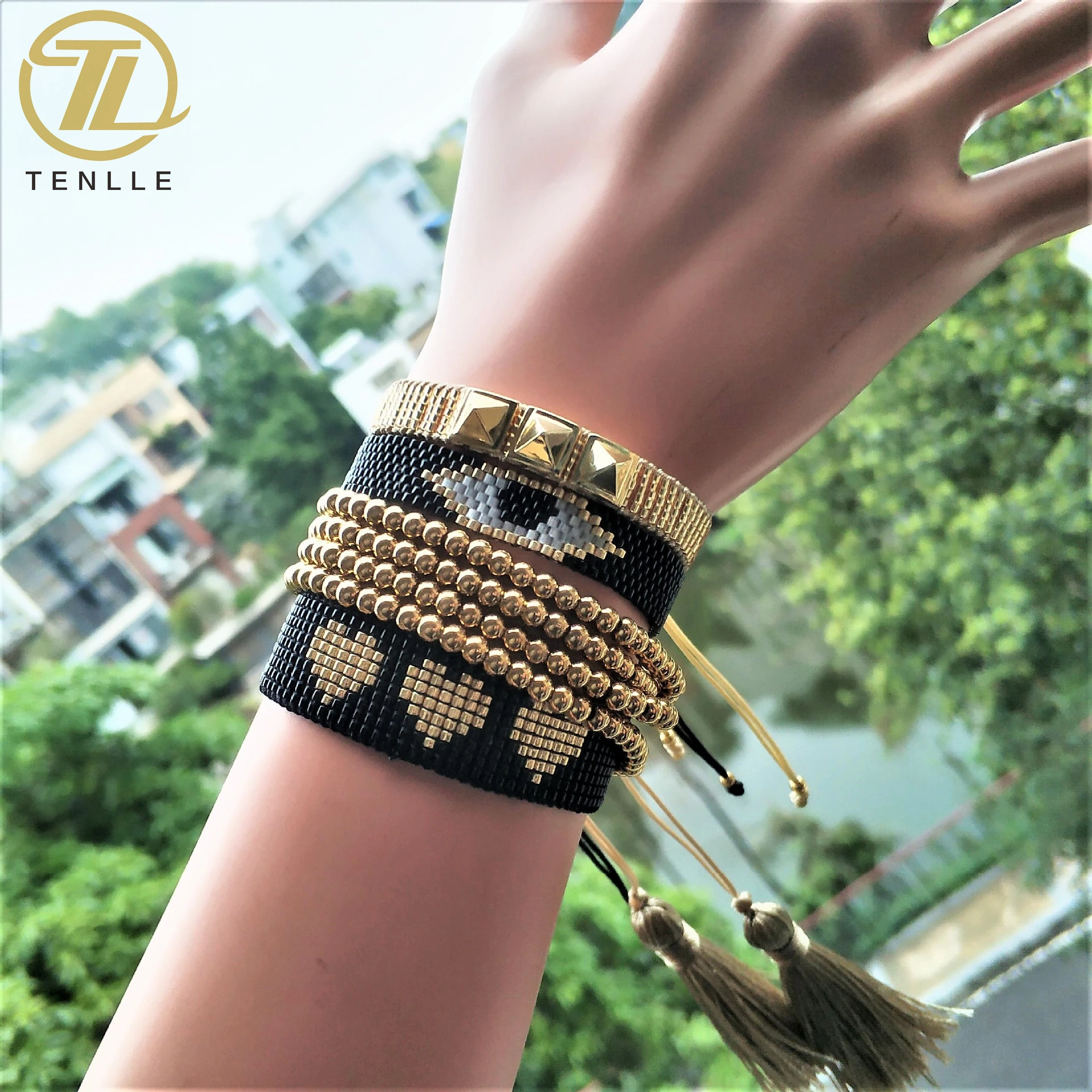 

Wholesale colorful handmade miyuki seed bead bracelet Mexico elastic stretch gold evils eyes bracelet set jewelry for women