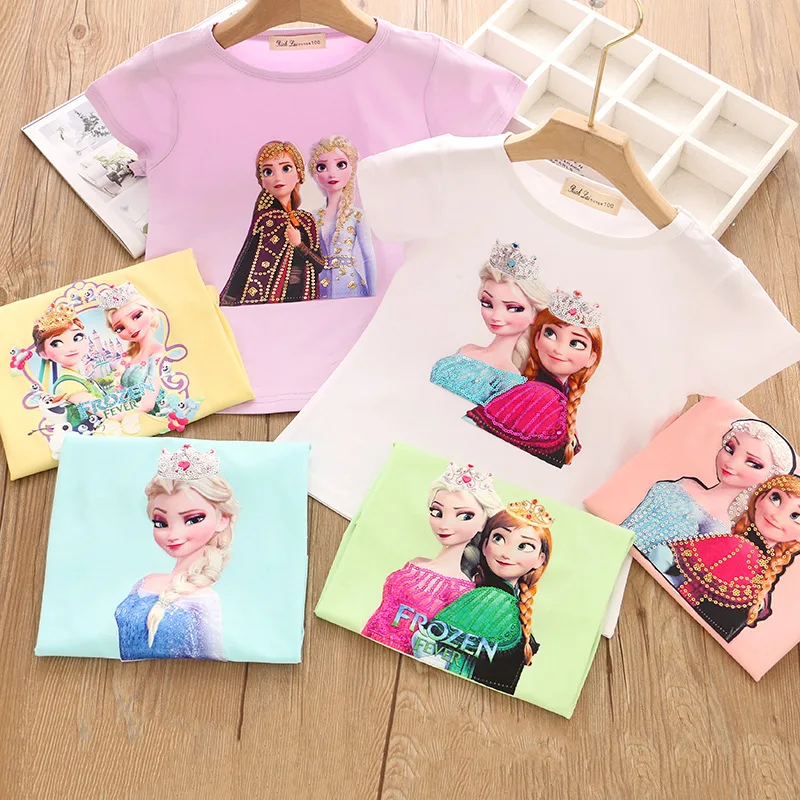 

CT-007 Latest sequined cartoon princess print shorts sleeve t shirts for baby girls with glitter eyes girls boutique wholesale, Multicolor as picture show