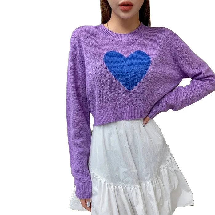 

Lovely Woman's O-Neck Short Style Sweater Heart Pattern Design Pullover Sweater