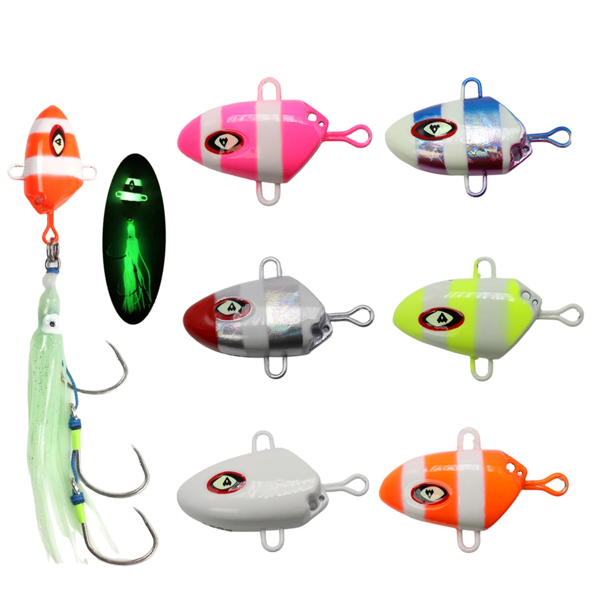 

Luminous Metal Jig 100g 150g 200g 250g 300g Squid Skirt Assist Hook Rig Jig Head Fishing Lure Octopus Jigging Rigs, 6 color or oem