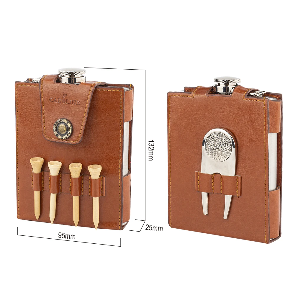 

Outdoor Products,7OZ Golf Accessories with Flagon,Hip Flask Gift Set in Leather coat, Brown