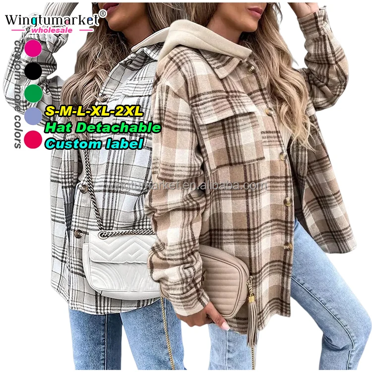 Hat Detachable winter coats front pockets loose shirt jacket flannel hooded plaid shacket woolen coat for women