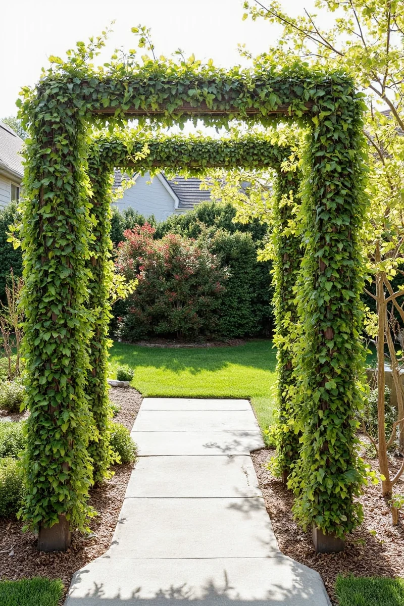 Close-up of wooden trellis with climbing roses