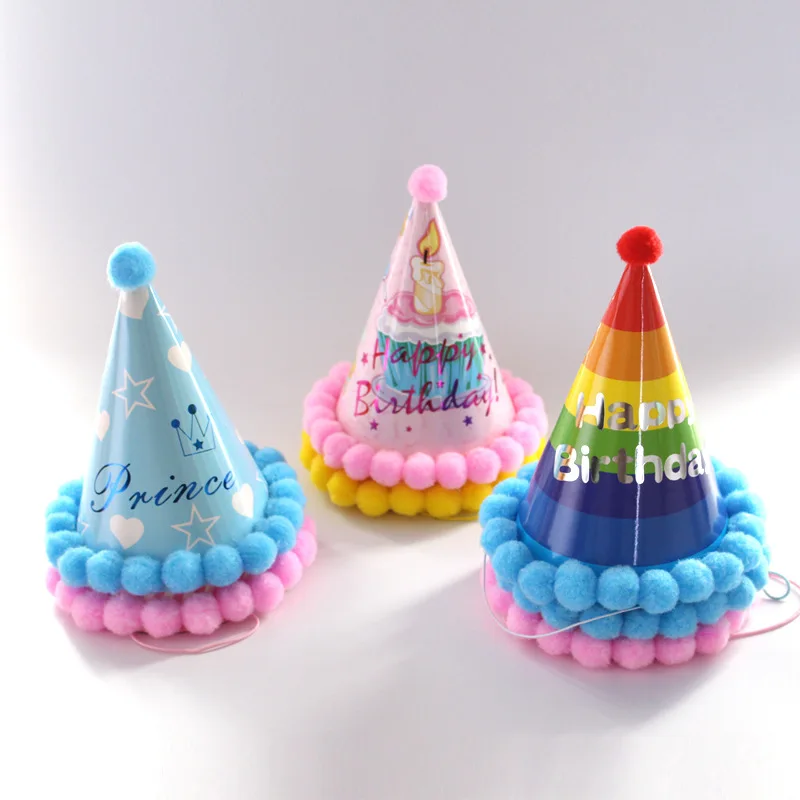 

Children's Birthday Decoration Hat Various Styles Cone Birthday Hat with Pompon Crown Party Supplies Hat