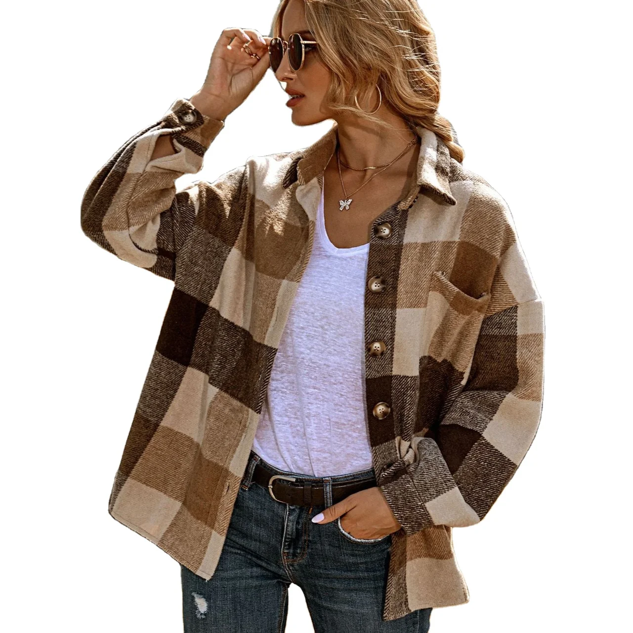 

Fall New Fashion Oversized Loose Plaid Casual Women's Jackets With Pocket Shirt Coat, Customized color