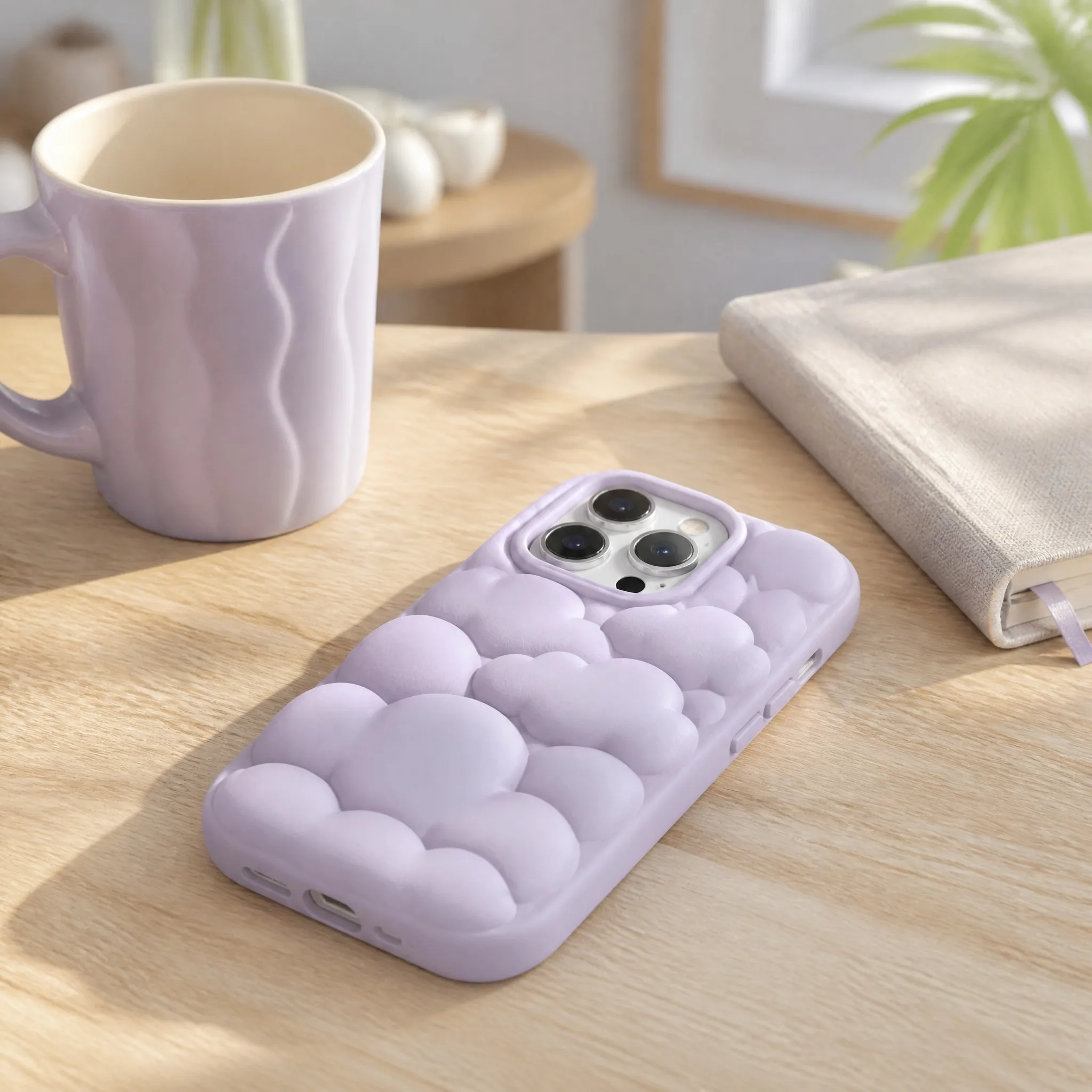Real Lifestyle Context of Lilac Purple Cloud Puffer Phone Case on Warm Wood Desk beside Ceramic Coffee Mug and Notebook