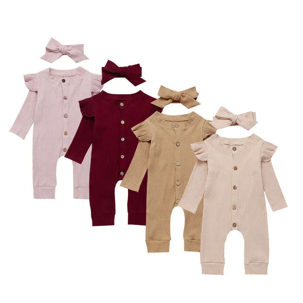 

Infant Toddler Long Flutter Sleeve Ribbed Cotton Button Romper Wholesale Baby Girl Jumpsuit With Headband, Photo showed and customized color