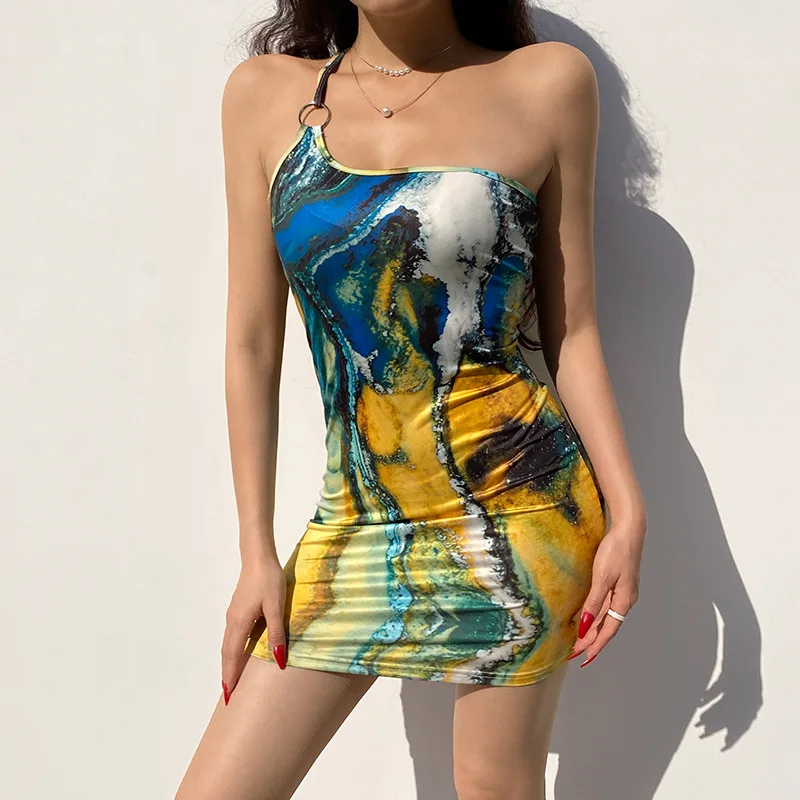 

Sleeeveless Mini Dresses One Shoulder Print Clubwear One Shoulder Female Bodycon Dress Sexy Casual Women Clothing, As show