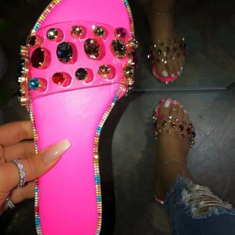 

2021 Hot Sale Rhinestone Outdoor Women's Flats Buckle Slippers Fashion Flat Sandals Pink Girl Sandals for Women and Ladies, As picture show or customized