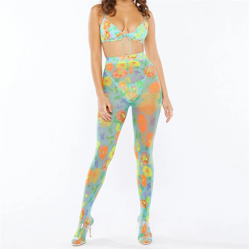 

2021 new arrivals summer designs women floral printed bra top with full length casual three pieces pants set