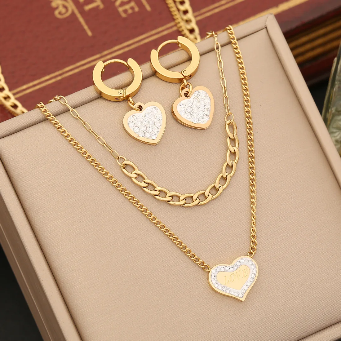 

2023 New Fashion 3 Pcs Set Double Layered Stainless Steel 18k Gold Plated Full Diamond Heart Jewelry Set For Women