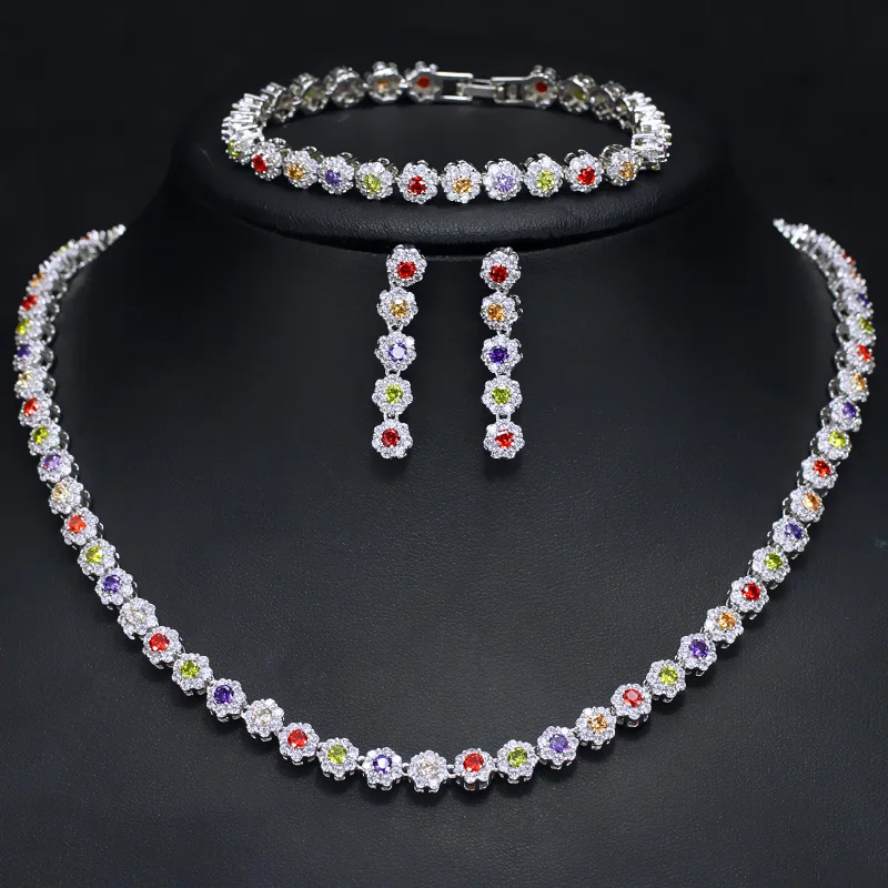Spring Rainbow Colorful Cubic Zirconia Floral Flower Elegant Necklace Earring Bracelet Jewelry Sets for Women Wedding Bridal