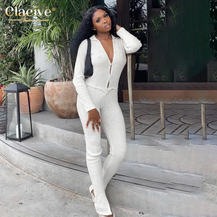 

Clacive Sexy V Neck T-Shirts High Waist Leggings Matching Set Fitness Casaul Slim White Two Piece Set Women