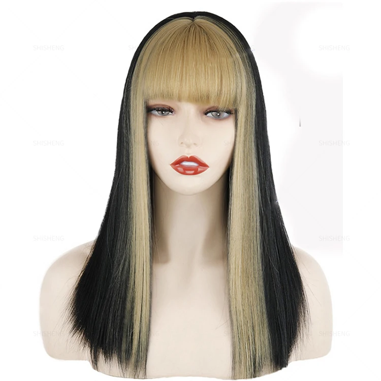 

SHI SHENG Jennie Same Style Black Long Straight Wig Both sides Gold Hair Middle Part with bangs for Girl Heat Resistant Cosplay, Black+gold