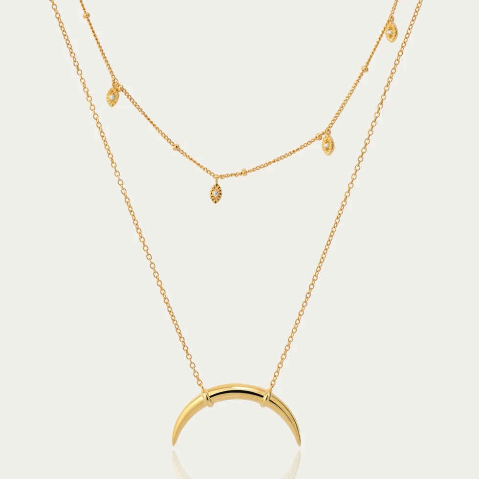 

Instagram Style Two Chains Gold Charm Moon Pendant Double Multi Layer Layering Necklace, Picture shows