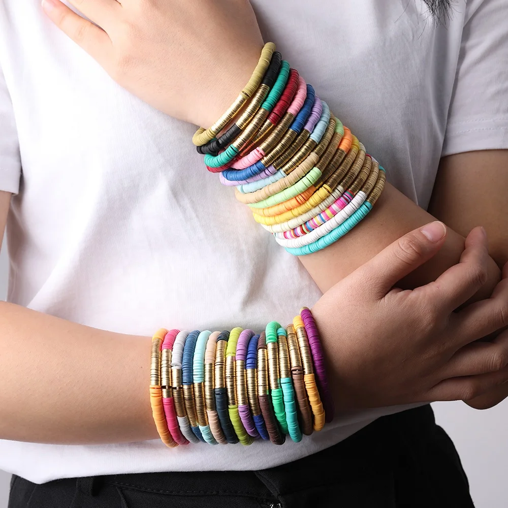 

Trial Jewelry Colorful Bohemian African Vinyl Discs Polymer Clay Disc Heishi Beads Elastic Bracelets, As picture