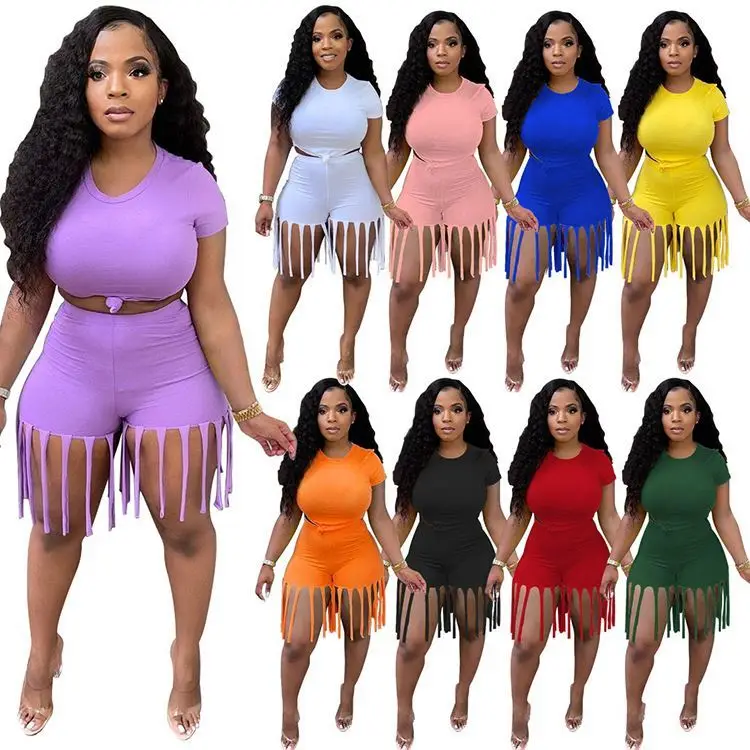 

Fashionwinnie Amazon Hot Selling Women Clothes 2021 Summer Solid Color Cute Tassels Sport Girls Two Piece Shorts Sets