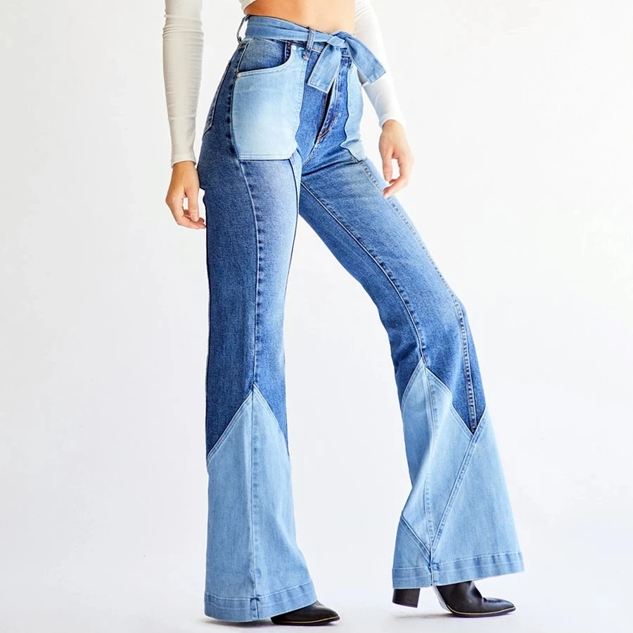 

Coldker 70s Ladies Stretch High Waist Patchwork Flare Pants Bell-bottom Denim Jeans Vestidos 2020 autumn clothing, Picture color