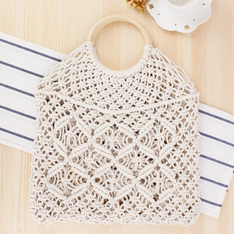 

New Arrival Rattan Handle Cotton Rope Net Woven Bag Handmade Straw Handbags Fashion Summer Beach Shoulder Bags Woman Luxury