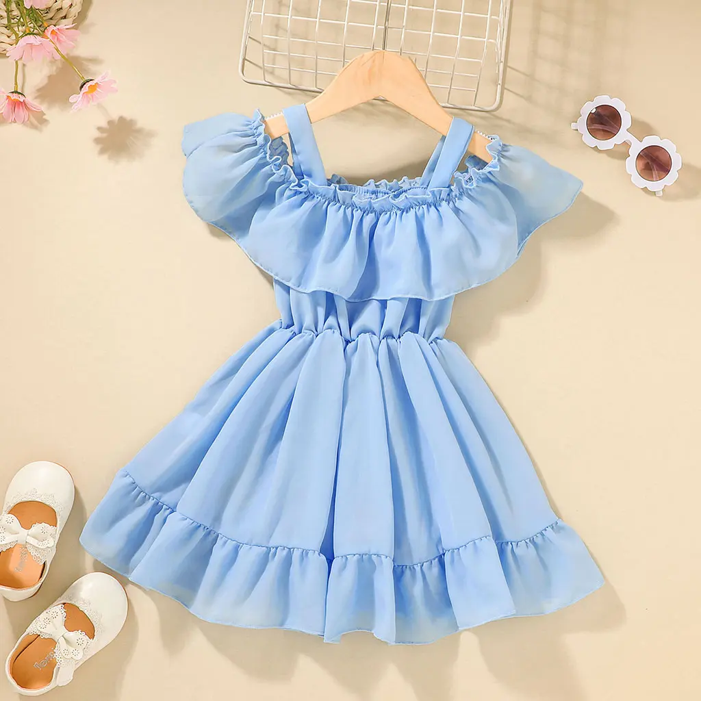 

Amazon Hot Sale Style Toddler Off Shoulder Summer Breathable Solid Color Kids Party Indoor Wear Children Girl Dress