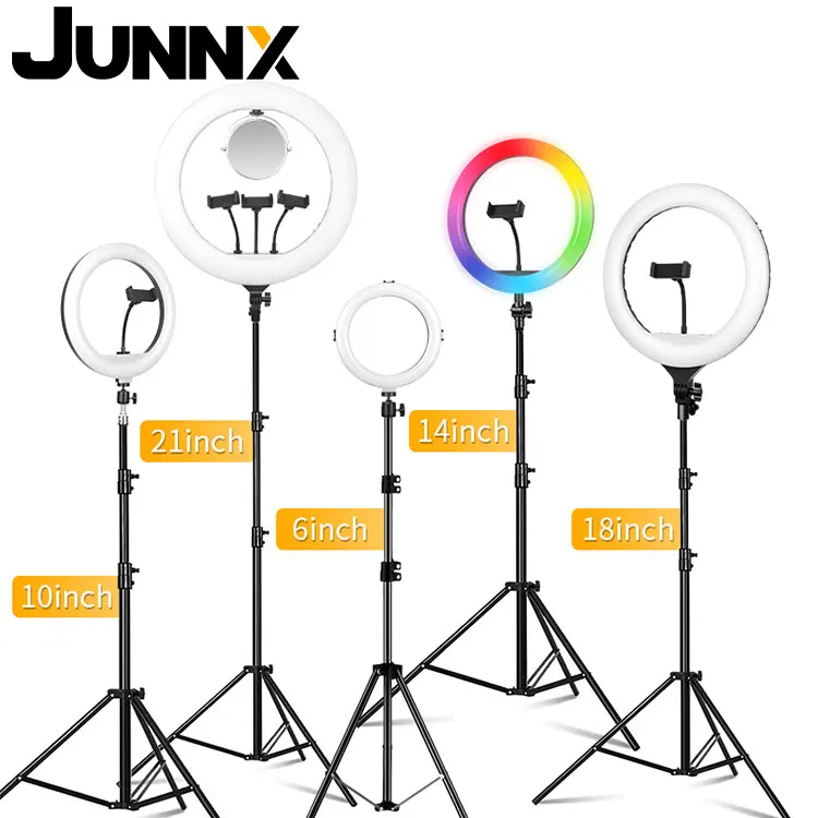 

JUNNX 6 8 11 12 13 14 16 22 inch Ring Light RGB Heart Corazon 26 33 45 cm 10 18 21 Pulgadas Selfie LED Aros de Luz con Tripod