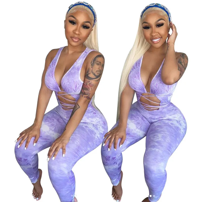 

women Sexy tie dye Rompers Halter Club Jumpsuits Depp V Neck Hollow Out Butt Lift Leggings Women Bodycon Jumpsuit